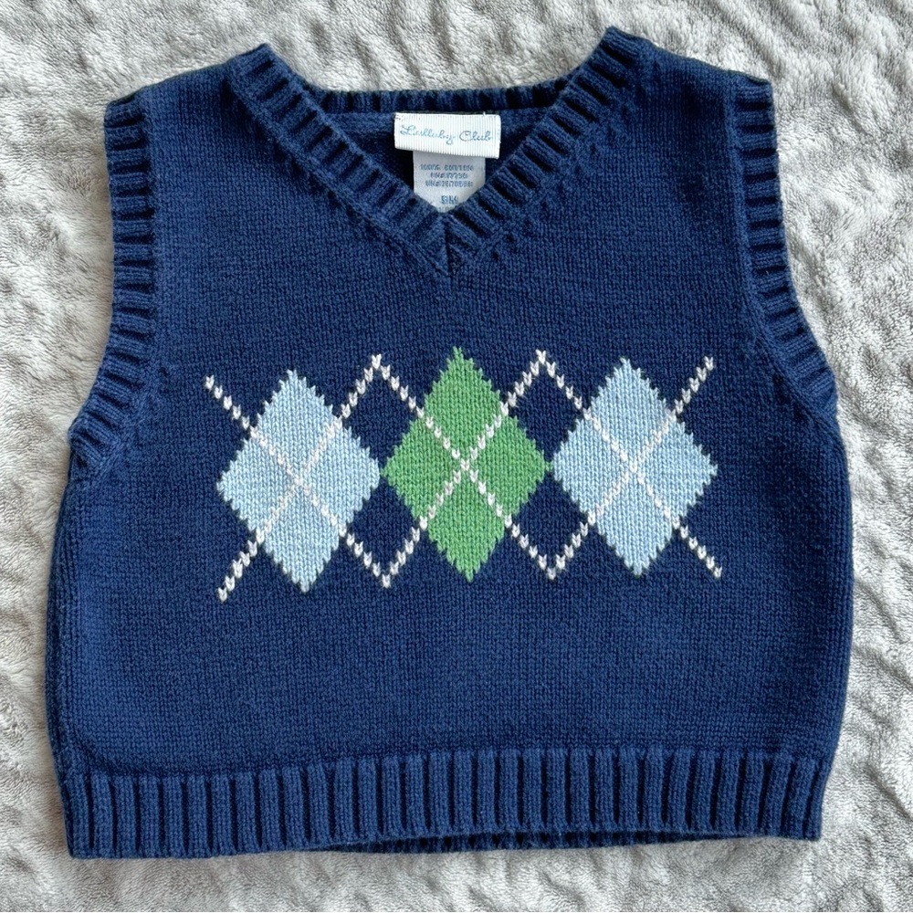 ✨EUC✨The Lullaby Club Blue Green White Diamond Argyle Knit Vest Size 9 months